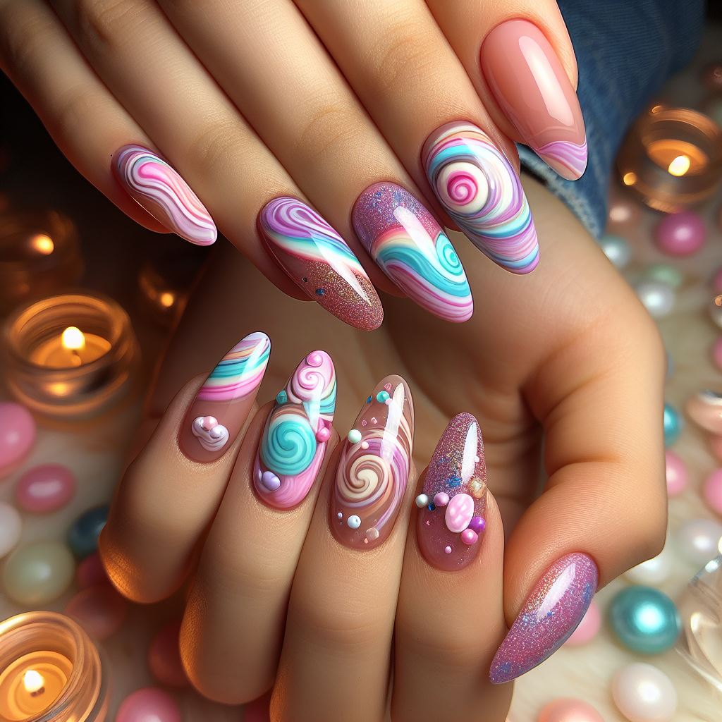 Candy-Colored Swirls Nails
