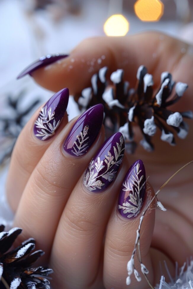 Leaf Patterned Purple Nails