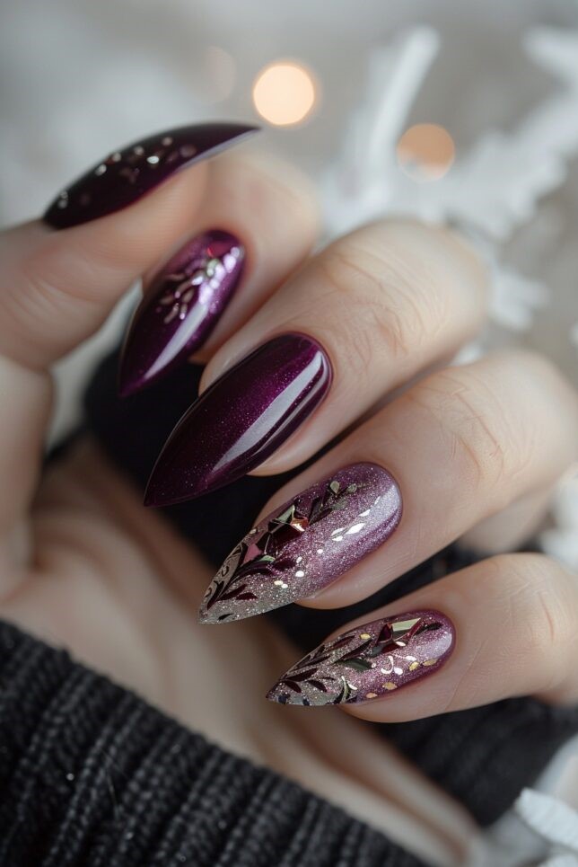 Plum Nails with Snowflake Detail