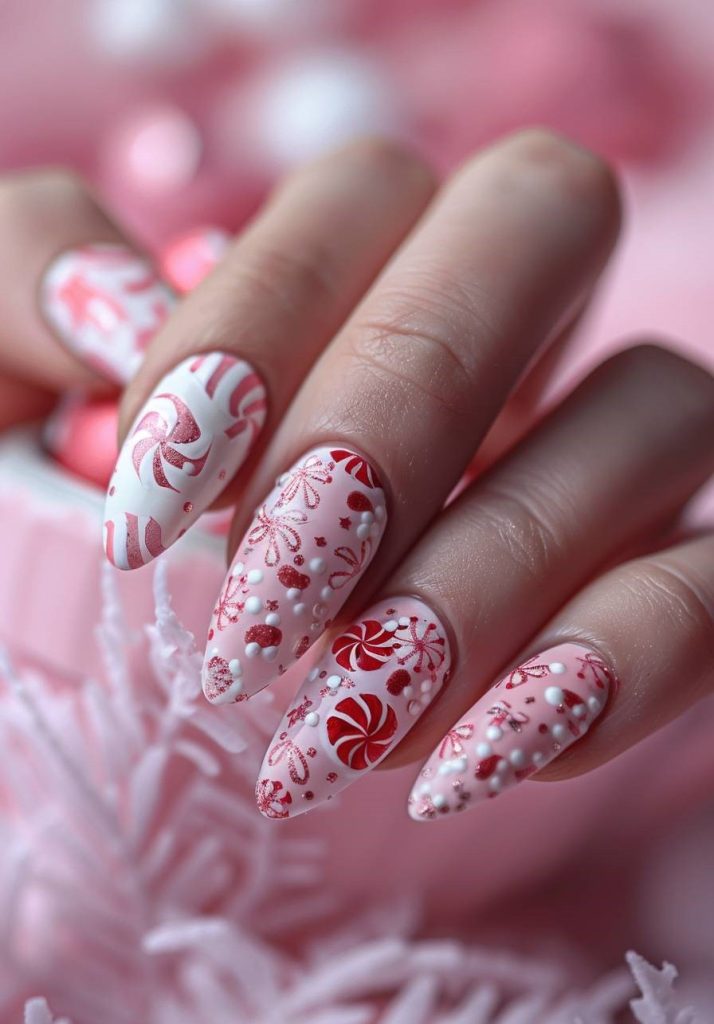 Peppermint Pink Snowflake Nails
