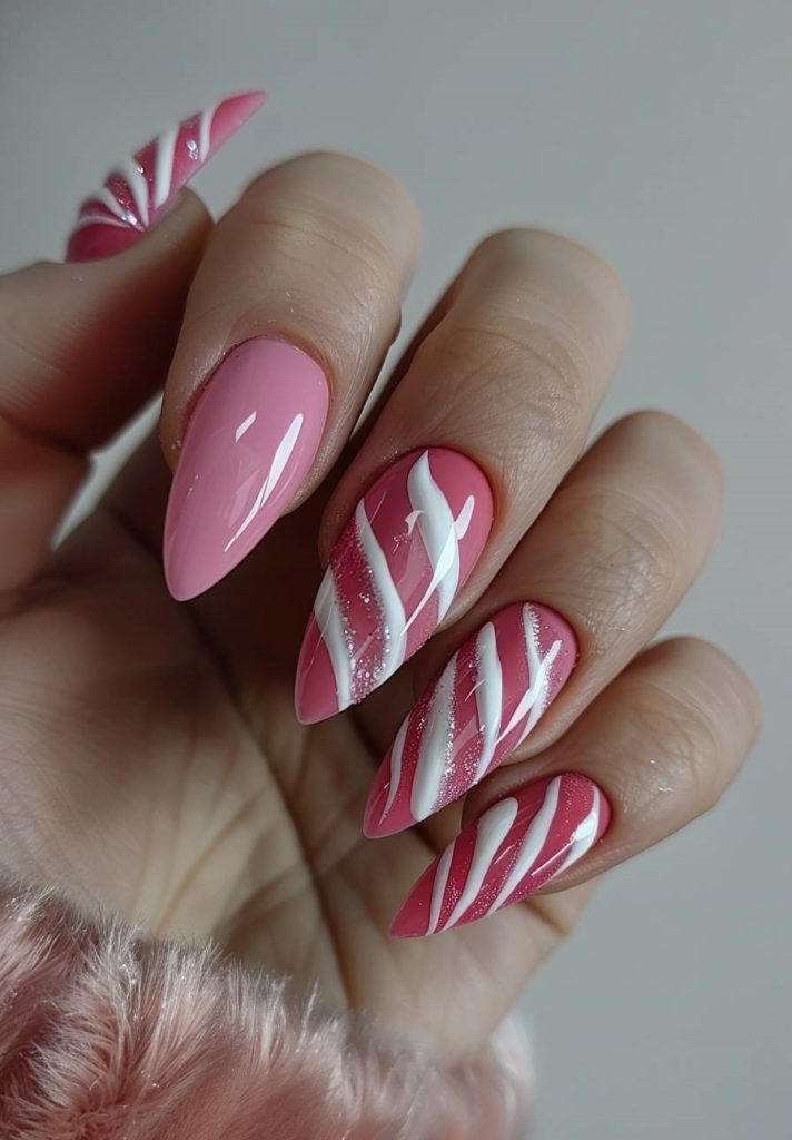 Almond-Shaped Pink Swirl Nails
