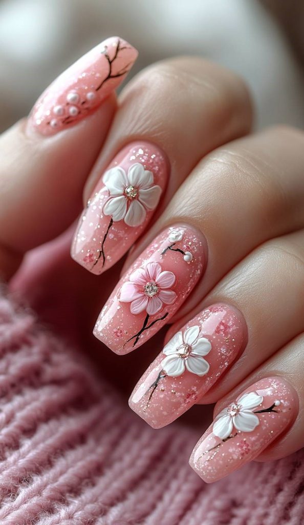 Pink Cherry Blossom Nails
