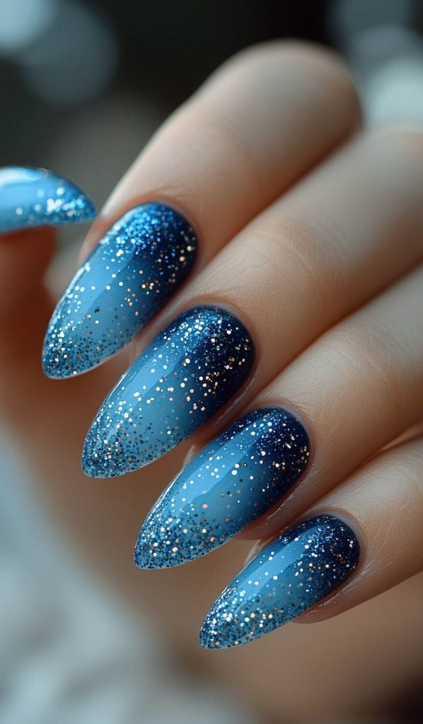 Blue Glitter Gradient Nails
