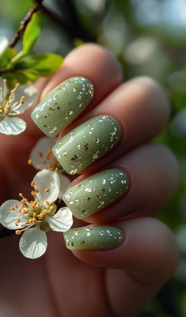 Green Glitter Floral Nails
