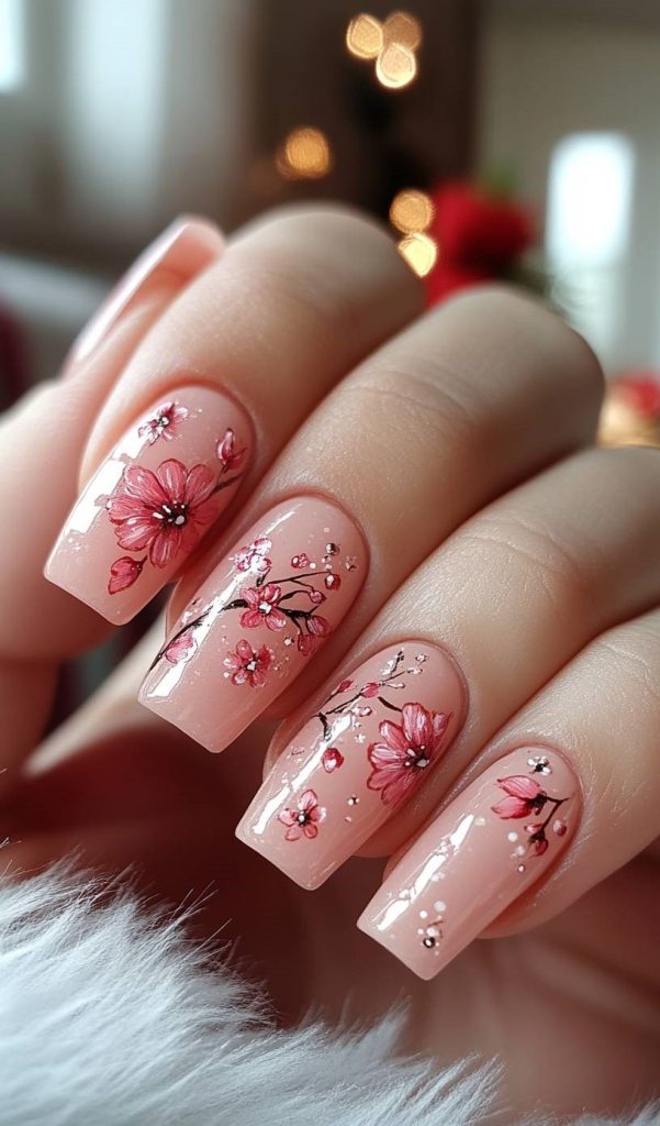 Coral Floral Accent Nails
