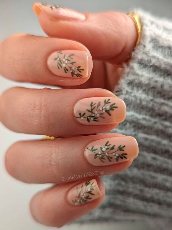 21. Delicate Greenery Nail Art for a Fresh, Minimalist Style
