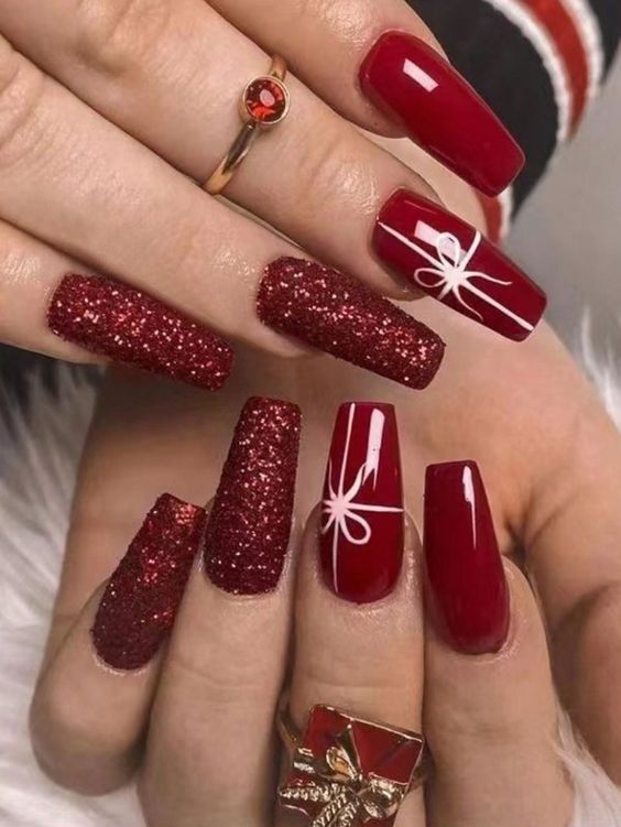 24. Sparkling Red Gift Wrap Nail Design
