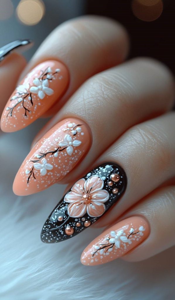 8. Peach and Black Floral Nails
