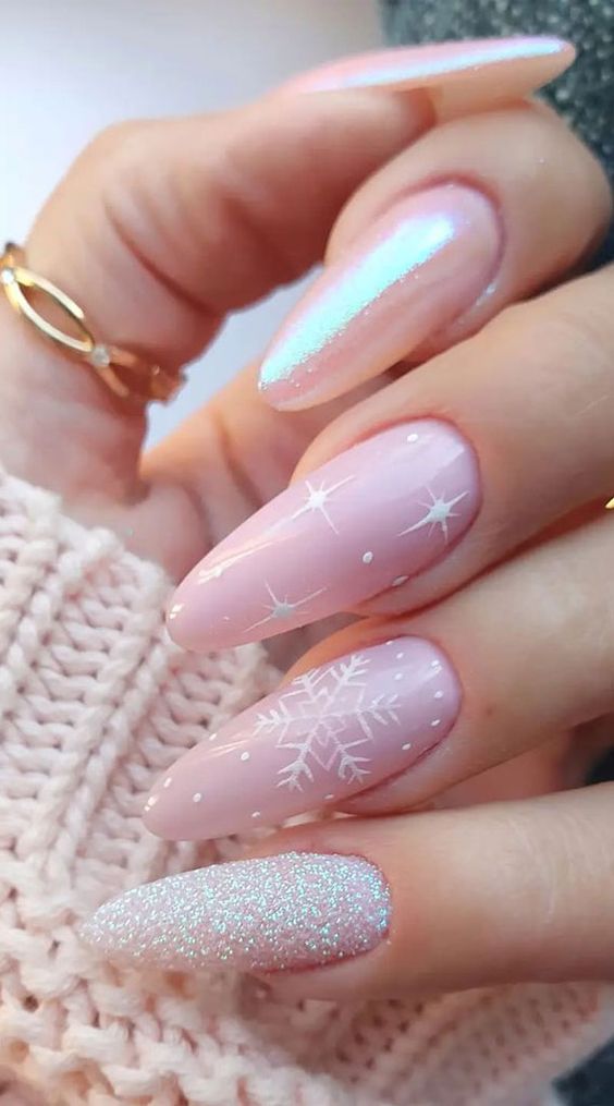 9. Frosty Pink Snowflake Nail Design
