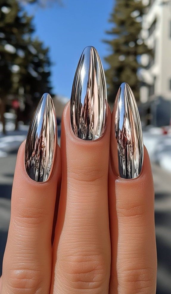 13. Reflective Silver Chrome Nails
