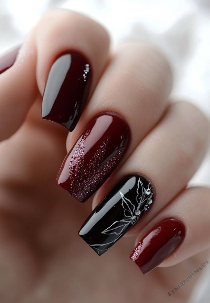 Maroon and Black Elegant Nails
