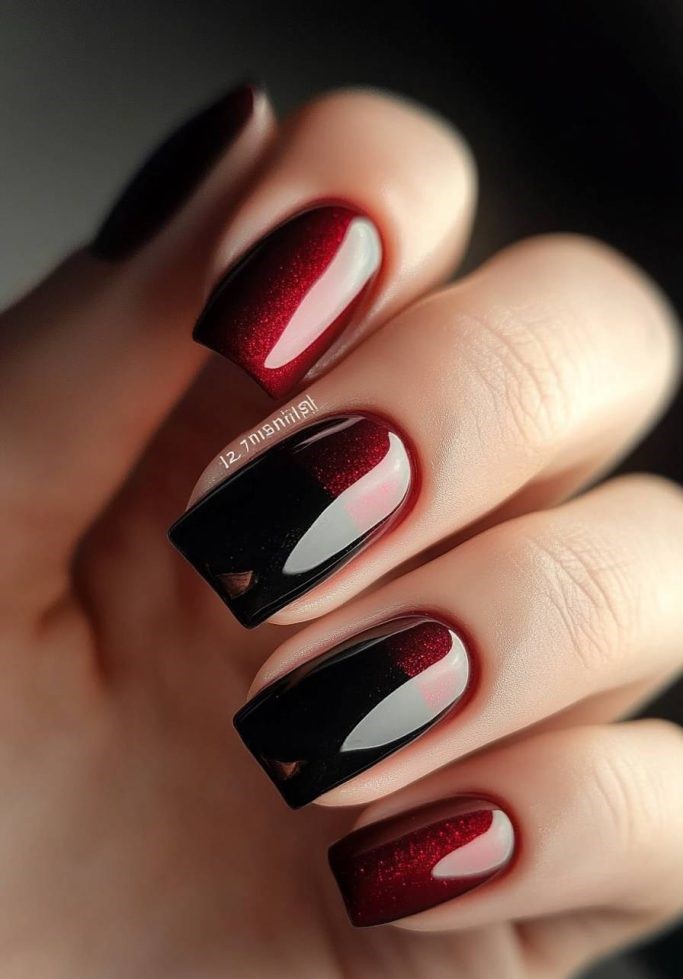 Burgundy and Black Duo Nails
